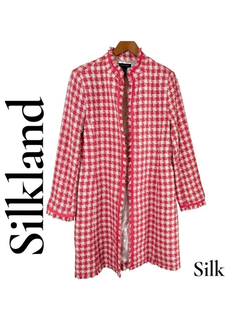 SilkLand 70% Silk Tweed Fringe Long Jacket. Pink/White Lined. Large. EUC!